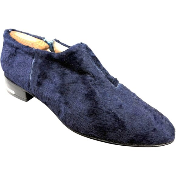 Josefina Ferroni Navy Blue Genuine Rabbit Fur Zip Flats - Picture 1 of 10